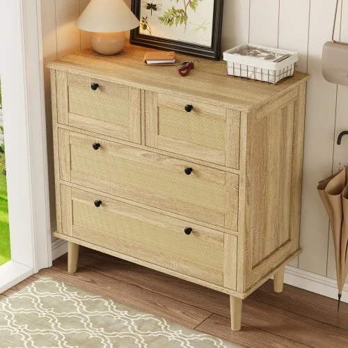 Cómoda de 4 cajones de ratán con patas de madera maciza, armario de almacenamiento