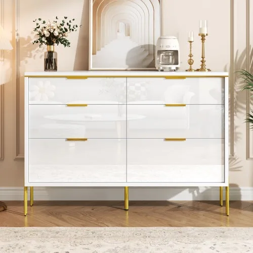 Modern armario con 6 cajones en blanco y dorado, frentes brillantes, amplio almacenamiento para sala, comedor, mueble de almacenaje para organización