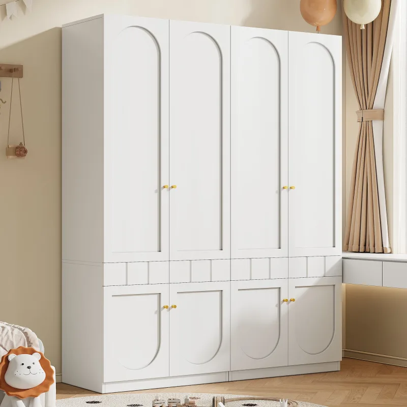 Armario con 8 puertas y 4 cajones - 160 x 50 x 200 cm - mdf - sistema de apertura por presión - estantes fijos - blanco