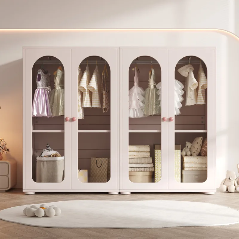 Armario con 4 puertas acrílicas y estantes ajustables - 160 x 50 x 120 cm - mdf - tiradores de cerámica - acabado lacado - rosa pálido