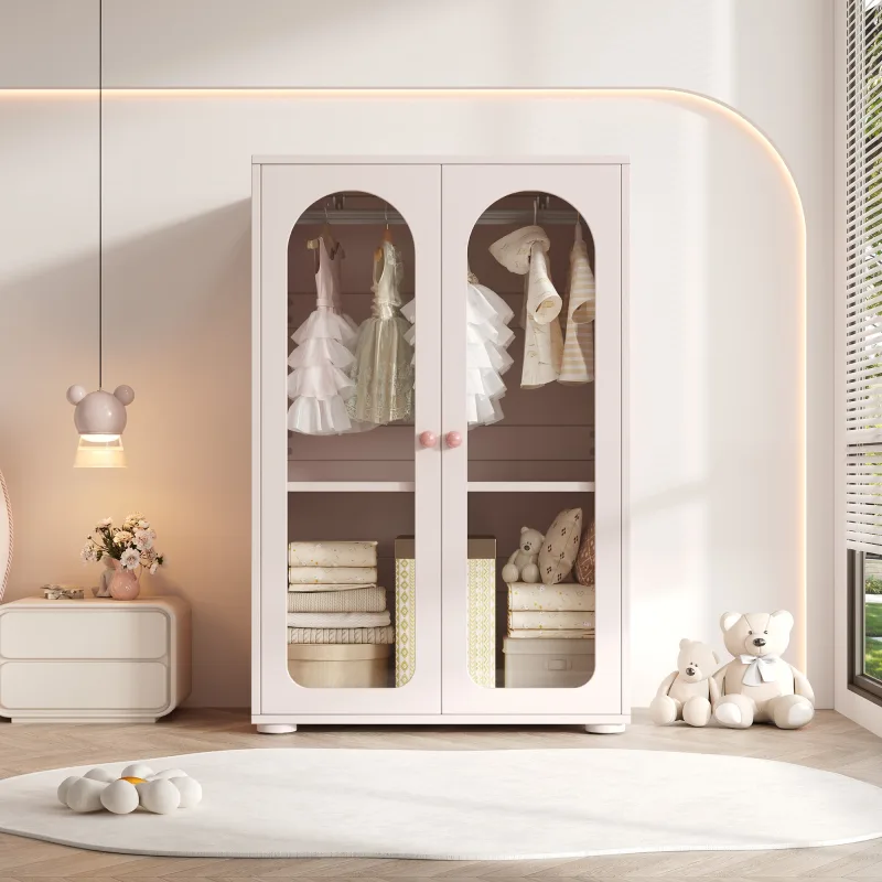 Armario con 2 puertas acrílicas y estantes ajustables - 80 x 50 x 120 cm - mdf - tiradores de cerámica - acabado lacado - rosa pálido