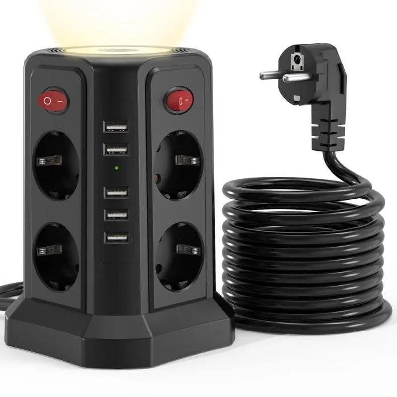Regleta de 2500 w - 8 tomas - 5 puertos usb - protector de sobretensión con luz nocturna