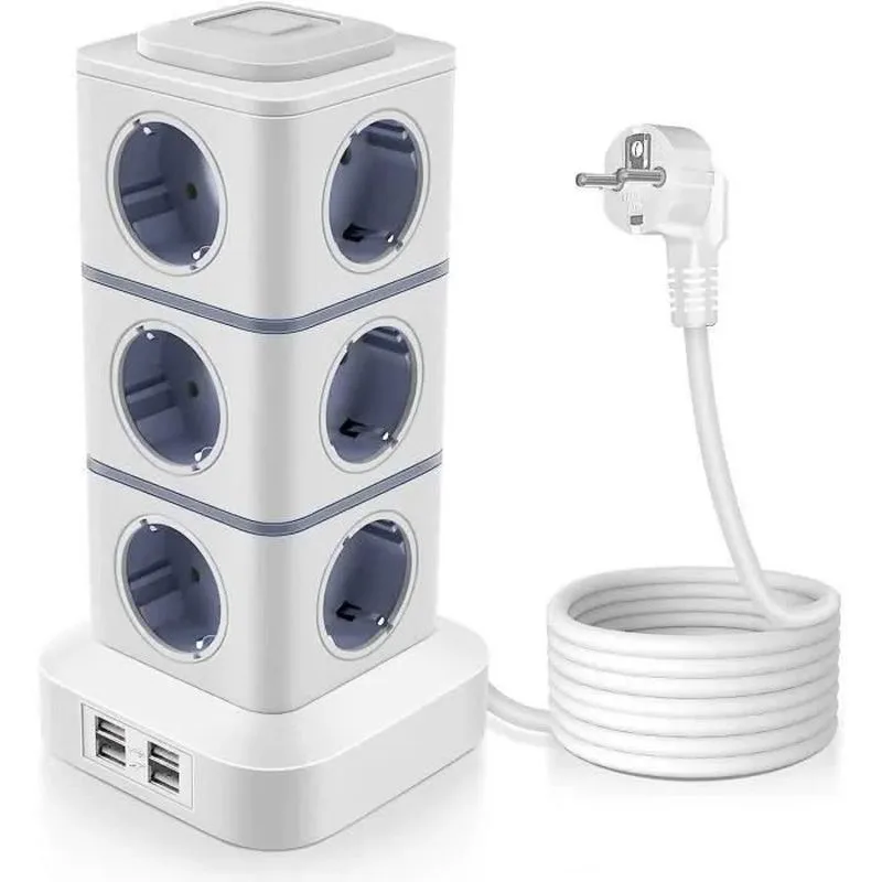 Regleta de enchufes de torre de 2500 w, con protector contra sobretensiones, 12 tomas y 4 puertos usb, con 3 interruptores individuales.