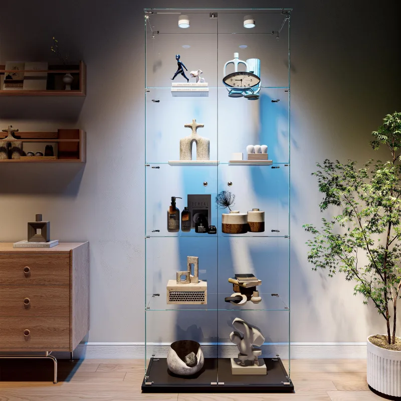 Vitrina de vidrio templado - 78,5 x 34,5 x 187,5 cm - 5 estantes con luces led táctiles - puerta para salón, dormitorio, despacho - negro
