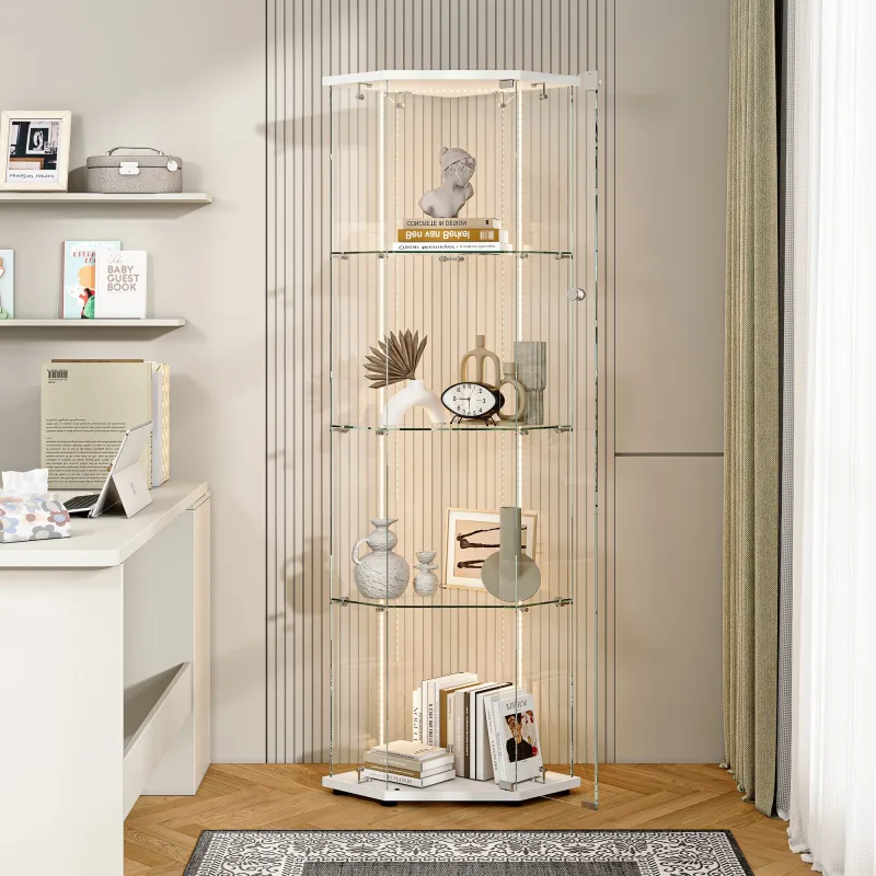 Vitrina de exposición de vidrio 4 niveles - pentagonal - con led rgb - mueble de colección con cerradura 42,5 x 42,5 x 162 cm - blanco
