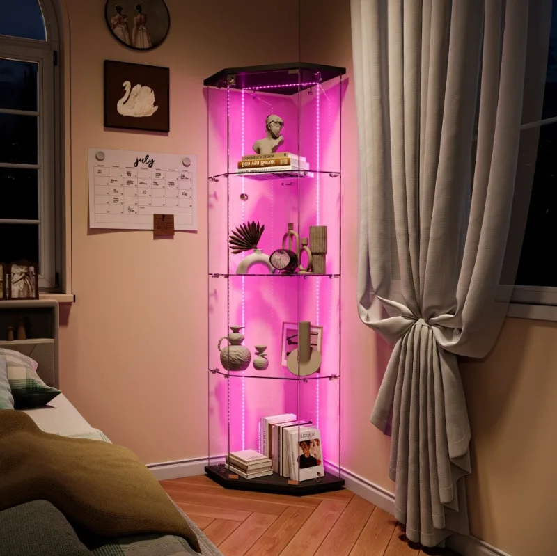 Vitrina de exposición de cristal 4 niveles - pentagonal - con led rgb - mueble de colección con cerradura 42,5 x 42,5 x 162 cm - negro