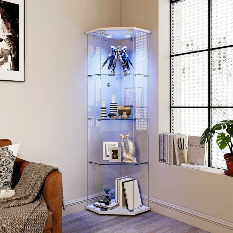 Vitrina expositora de cristal 4 niveles - pentagonal - con iluminación led - mueble con cerradura 42,5 x 42,5 x 162 cm - blanco