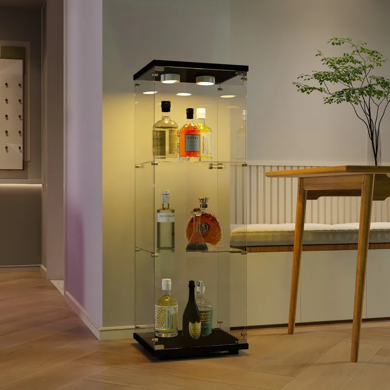 Vitrina expositora de vidrio templado con 3 estantes e iluminación led - 42 x 36 x 125 cm - negro