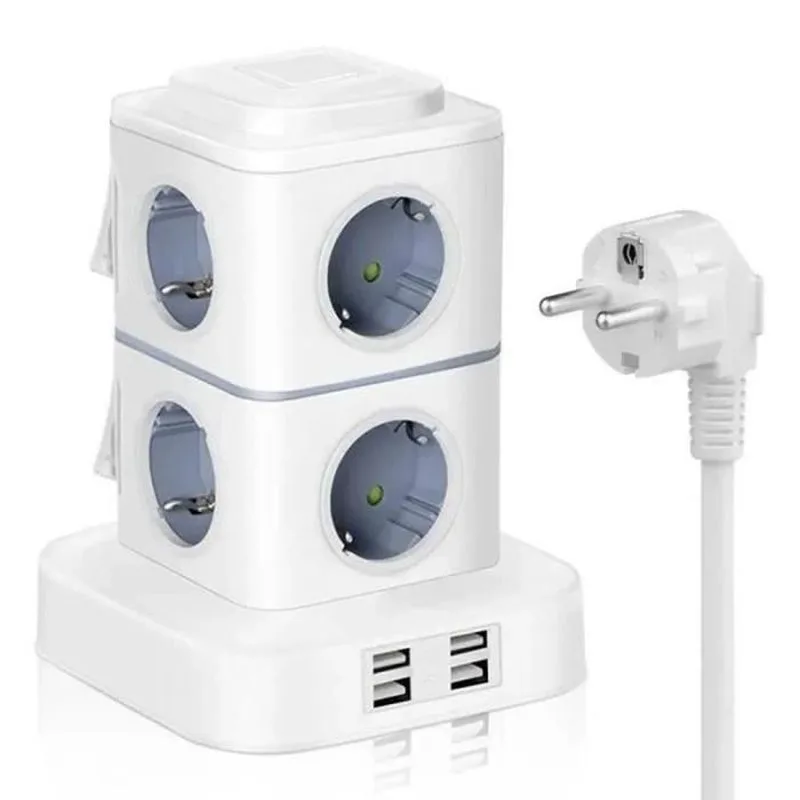 Regleta de enchufes con protección contra sobretensiones, 8 tomas y 4 puertos usb, 2500 w, con interruptor