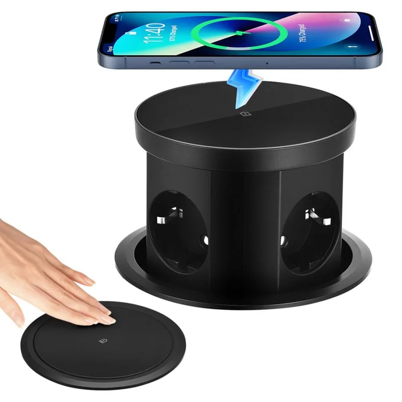 Toma de corriente retráctil, 4 compartimentos con 1 puerto usb-c y 1 puerto usb-a, toma de corriente empotrada, con cargador inalámbrico de 15 w