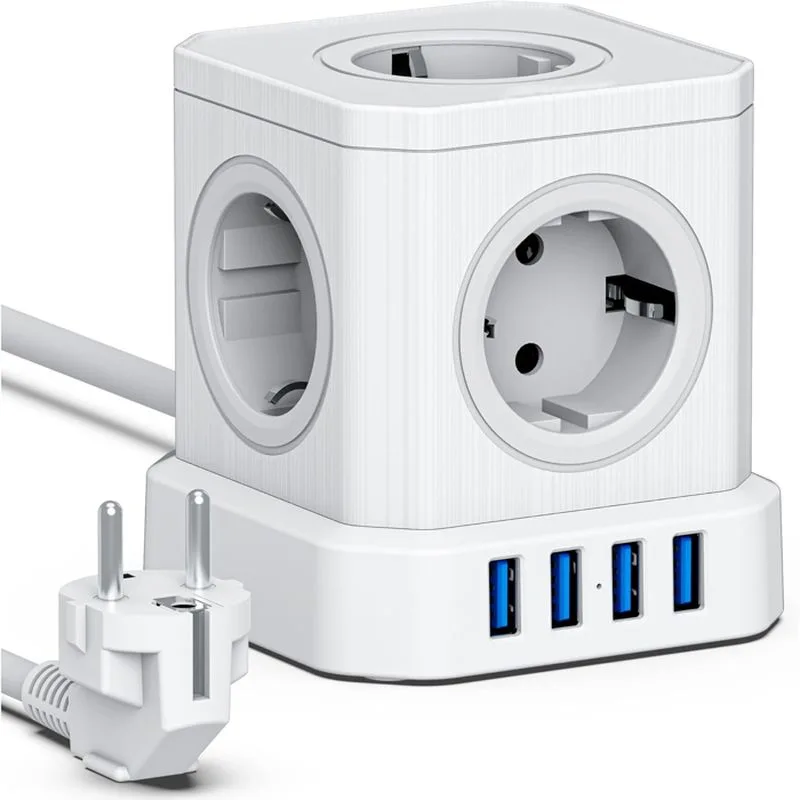 Regleta 9 en 1 con usb, 5 enchufes de la ue, 3 puertos usb-a y 1 puerto usb-c, 4000 w, con interruptor y cable alargador de 2 m