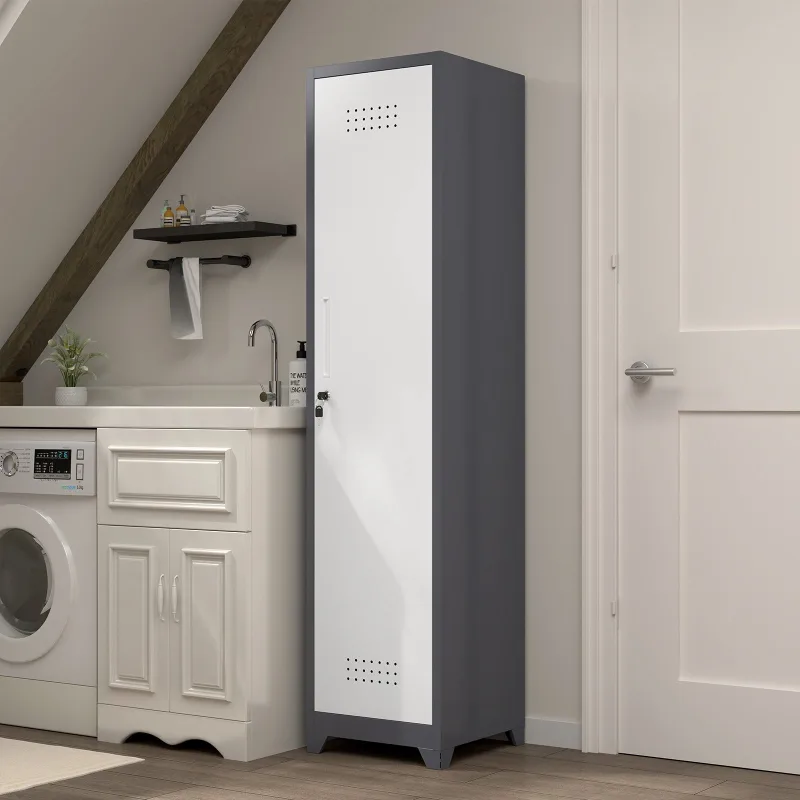 Armario escobero estrecho 40x40x165 cm, almacenaje de 1 puerta, estructura metálica, gris y blanco