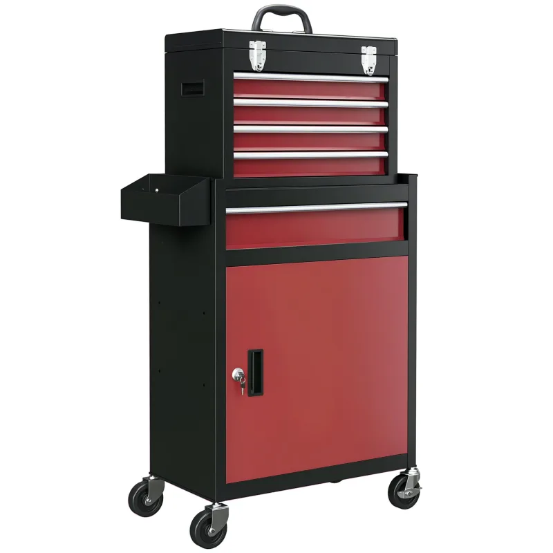 Armario de herramientas con ruedas con 5 cajones y puerta con cerradura, para taller y hogar, color rojo