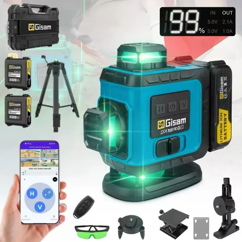 Qwinern nivel láser 4d de 16 líneas, herramienta de medición horizontal y vertical de 360°, con trípode, línea verde (2 baterías).