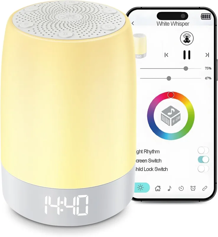 Generador de ruido blanco de 8 colores, 32 melodías relajantes, temporizador de apagado, alarma y función de repetición.
