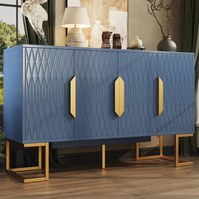 Aparador moderno azul con 4 puertas, estantes regulables, 140x40x80 cm, mueble de cocina o comedor