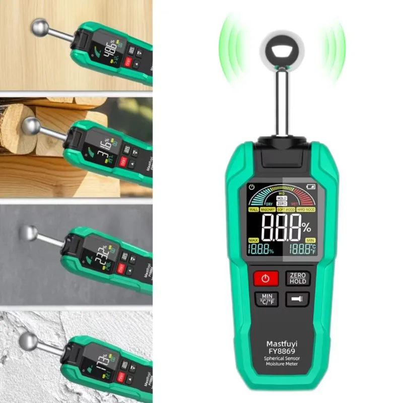 Medidor de humedad digital, sensor esférico,pantalla a color de alta definición, rango de medición 0,1-99,9%,alarma dual para madera, yeso y cemento.