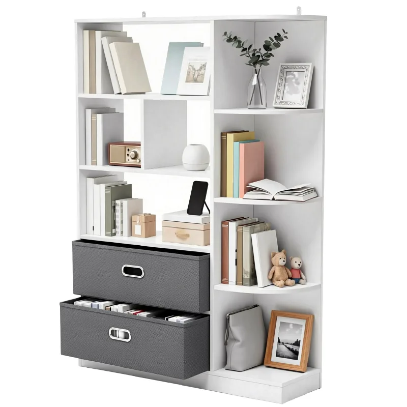 Librería independiente balconera con 8 estantes abiertos y 2 cajones de tela, color blanco, 80 × 24 × 115 cm