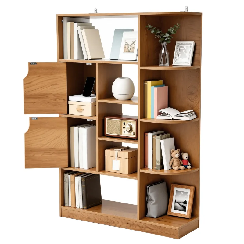 Estantería independiente balconera con 9 estantes abiertos y un mueble lateral de 2 puertas, color roble, 80an × 24pr × 120al cm