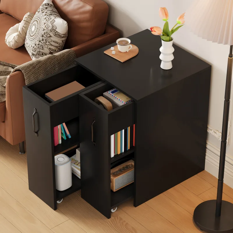 Pequeña biblioteca 52x50x75 cm con 2 estanterías regulables, ruedas, 2 cajones, negro