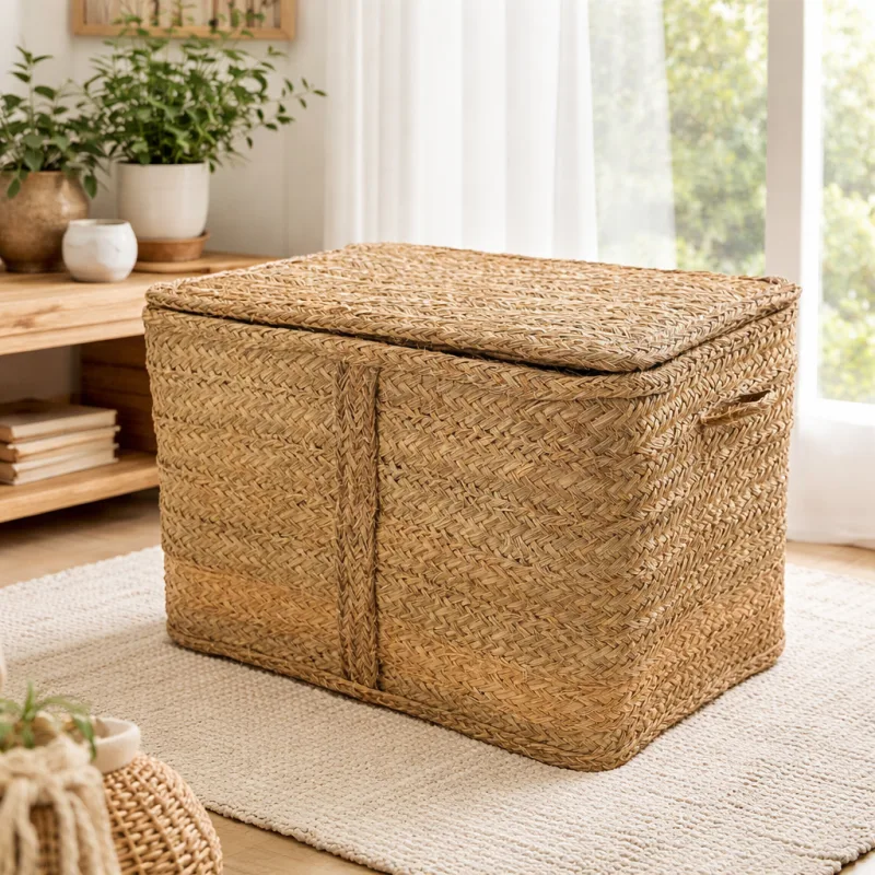 Baúl de esparto natural con tapa - arca de almacenamiento artesanal - estilo rústico y boho (50cm)