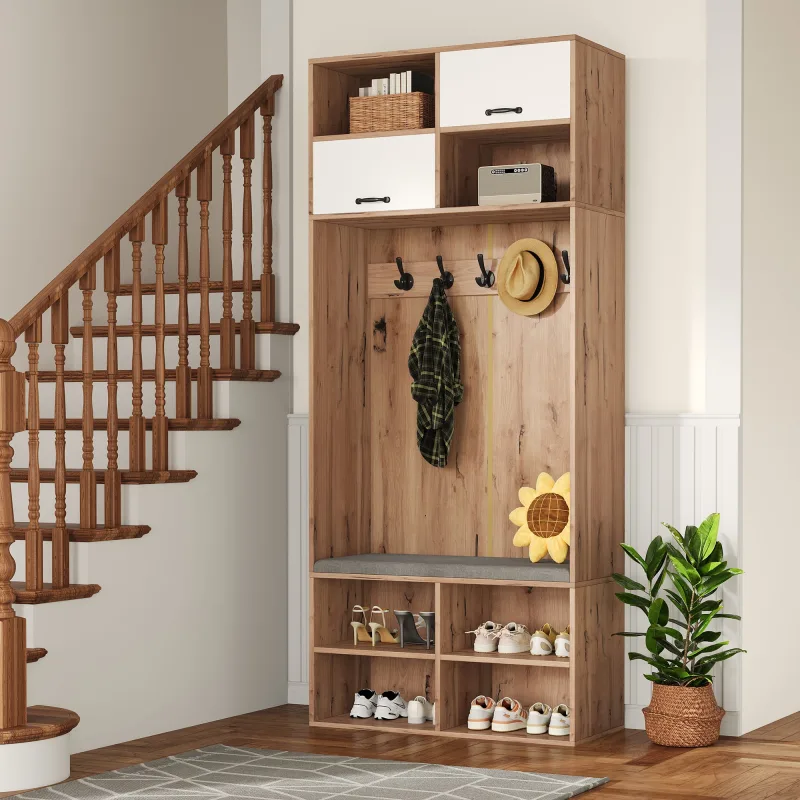 Perchero 80x35x185 cm, zapatero con banco y 5 ganchos, 2 puertas + 6 huecos, en panel de partículas, natural