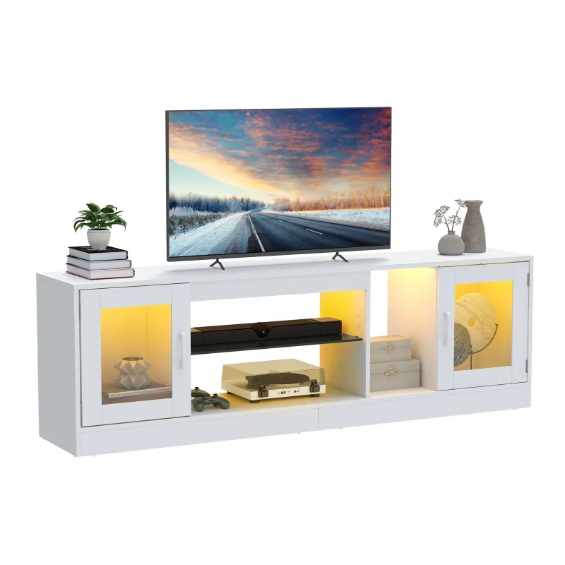 Mueble de tv para balcón balconera 180 cm, 7 leds rgb, 2 cajones y 3 estantes abiertos, blanco - 180x32x51 cm (anxprxal)