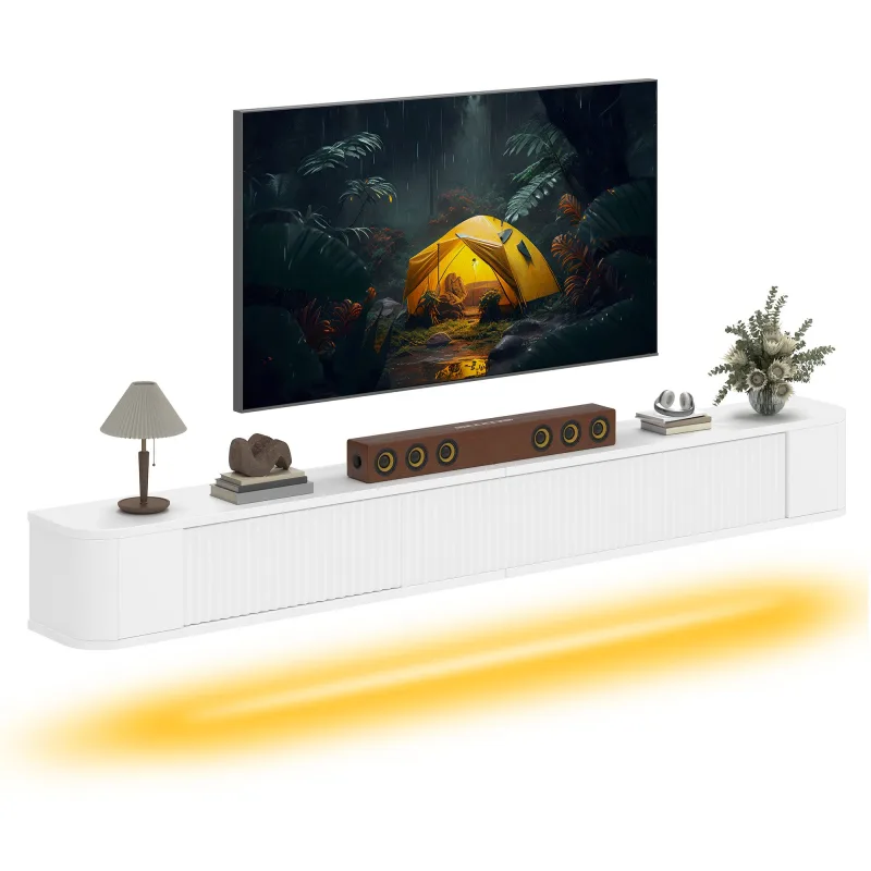 Mueble de tv flotante balconera de 140 cm, estanterías de pared para tv con luz led rgb, 180an × 25pr × 20al cm, blanco alto brillo