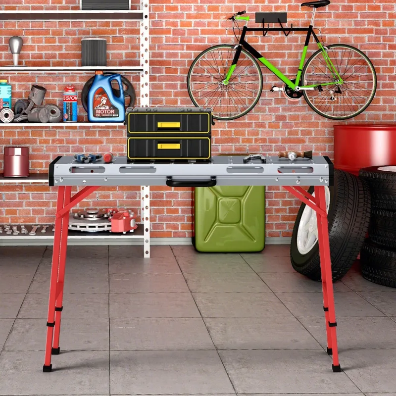 Mesa de soldadura plegable regulable 107x62cm metal galvanizado portátil banco de trabajo rojo