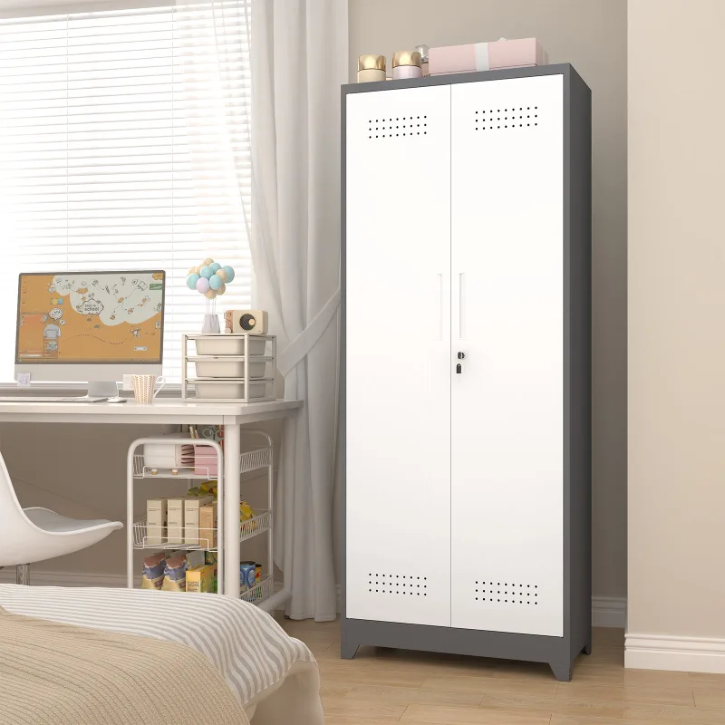 Armario de almacenaje metálico 60x40x165 cm, 2 puertas con cerradura, estantes ajustables, gris y blanco