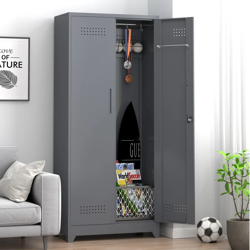 Armario de almacenaje metálico 60x40x165 cm, 2 puertas con cerradura, estantes ajustables, gris