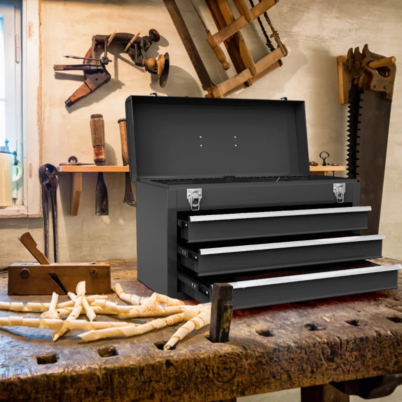 Caja herramientas metálica portátil 3 cajones doble cierre seguro 52x21x30cm negro