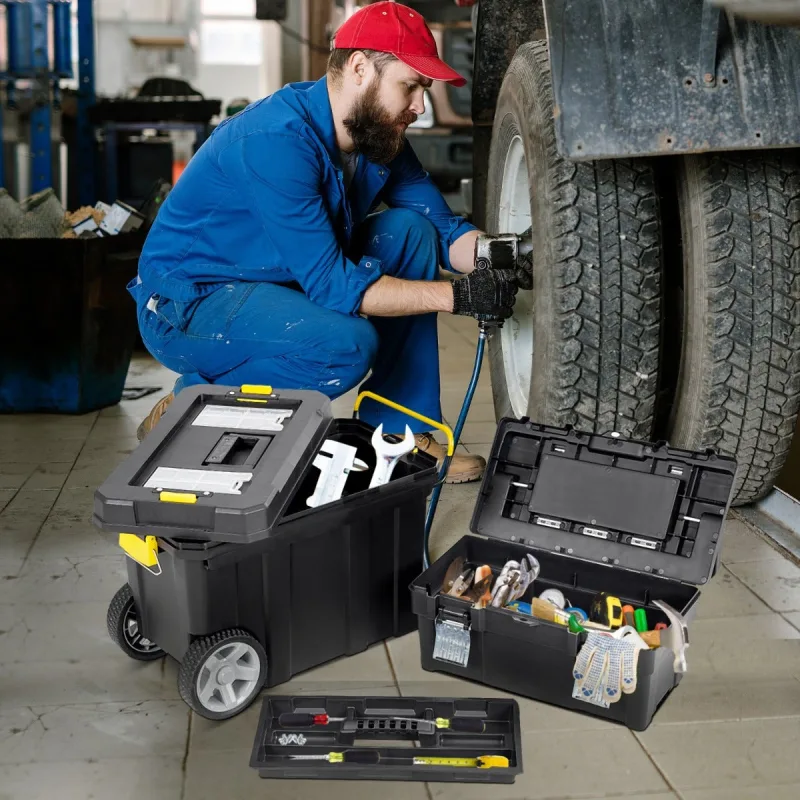 Set 2 cajas herramientas con carro y bandeja extraíble 58x29x60cm negro