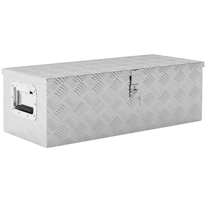 Caja de herramientas aluminio 76x33x25cm tapa abatible cierre con llave asas laterales plata