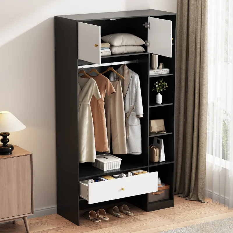 Vestidor de entrada 105x40x185 cm con 2 puertas, 1 cajón, 6 huecos abiertos, negro y blanco