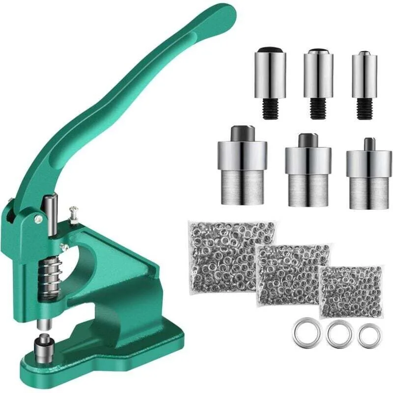 Prensa de ojales, máquina perforadora de ojales prensa de ojales con 3 matrices y 1500 ojales, para cuero textil (verde)