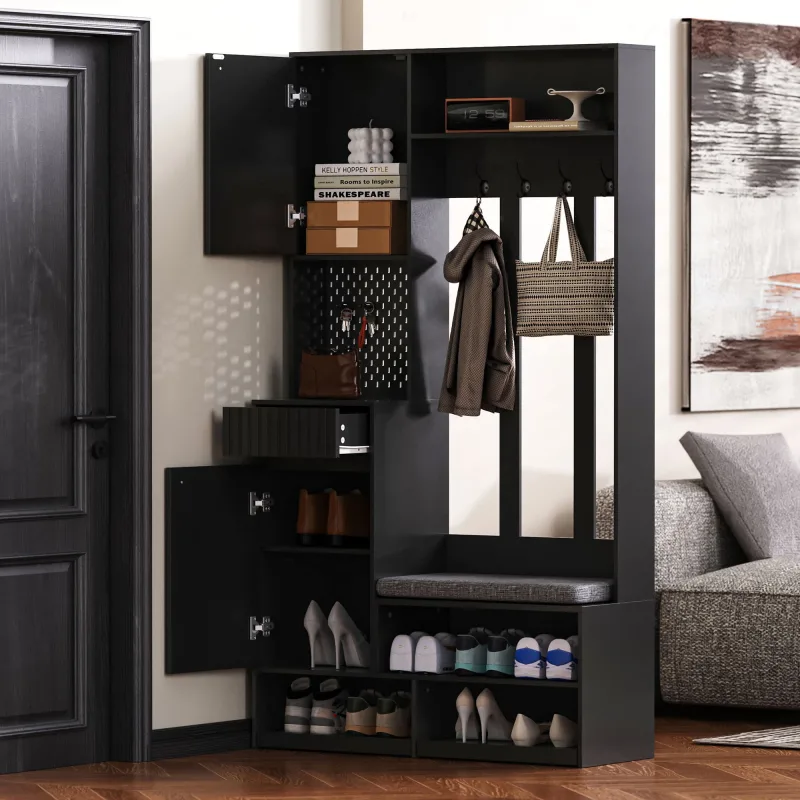 Vestidor 100x35x180 cm con banco, 4 ganchos, 1 cajón, 2 puertas, huecos abiertos, mdf, negro