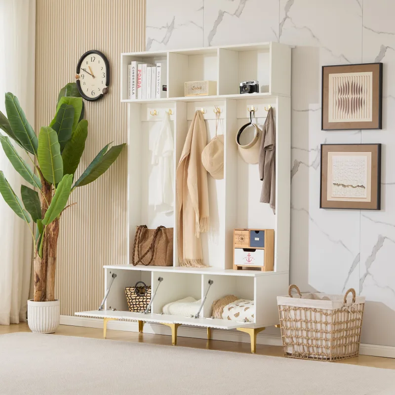 Vestidor de entrada 120x40x191,5 cm con 6 ganchos, 3 puertas, banco, espacios abiertos, blanco