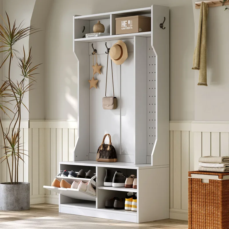 Vestidor de entrada 100x40x185,5 cm con banco, 6 ganchos, huecos abiertos, blanco