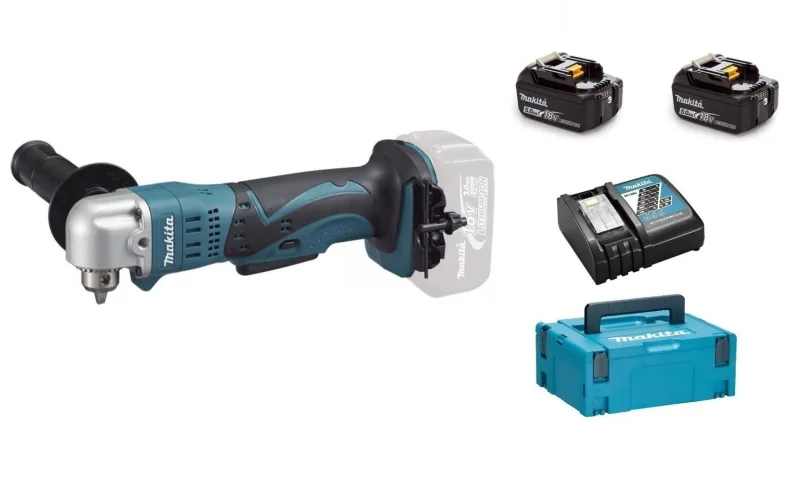 Taladro angular 18 v li-ion 5 ah ø 10 mm con llave makita - 2 baterías, cargador, maletín - dda350rtj