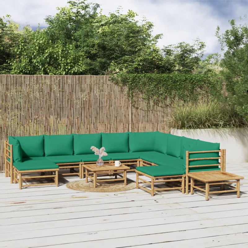 Set de muebles de jardín 12 piezas bambú con cojines verde vidaxl