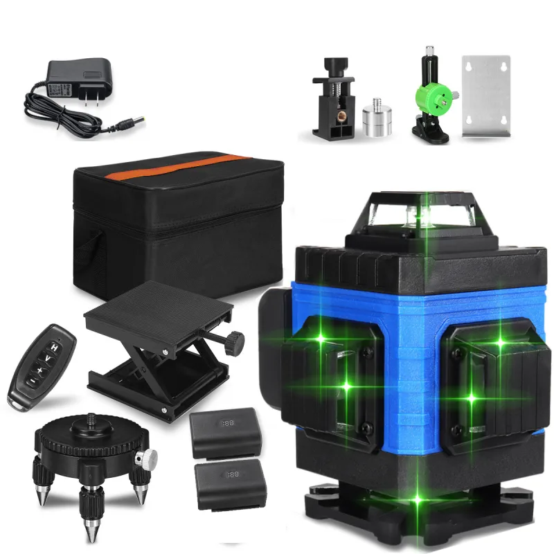 Nivel láser 4d 16 líneas, verde, 360°, profesional para interior y exterior con batería y accesorios