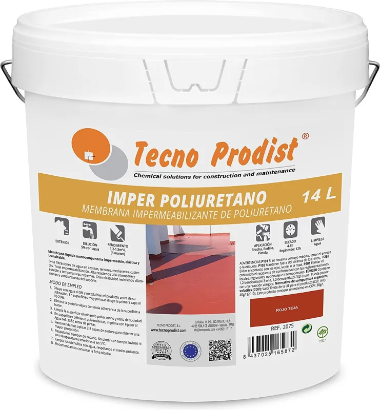 Imper poliuretano de tecno prodist - membrana de poliuretano impermeabilizante para terrazas, elástica, durabile, resistente - rojo - 14 litros