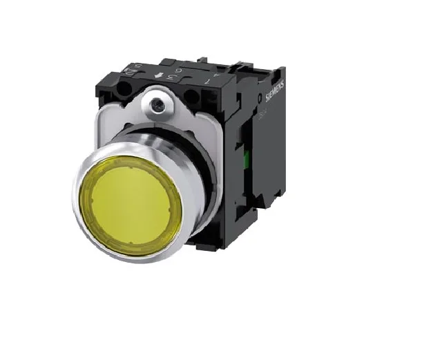 Pulsador iluminado, 22 mm, redondo, metal, brillante, amarillo, pulsador, plano, impulso, con soporte, 1 no, módulo led con led integrado 24 v ac/dc,