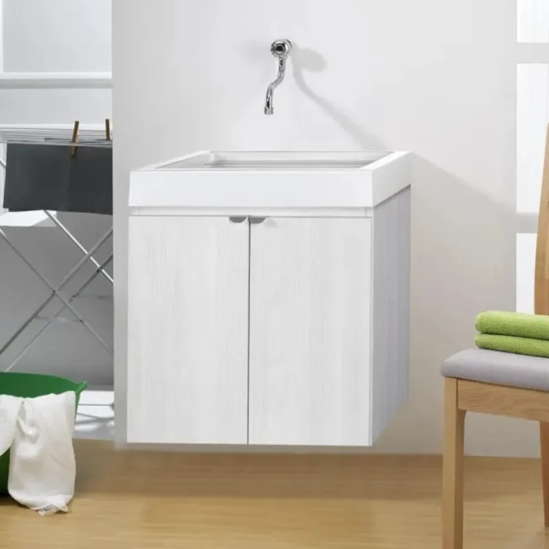 Mueble de lavabo mural 60x50x65 cm mueble de pared interior con estructura en madera de melamina acabado olmo perla y lavabo de resina con borde alto