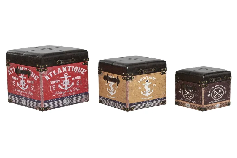 Caja set 3 madera pu 47x47x42 vintage multicolor