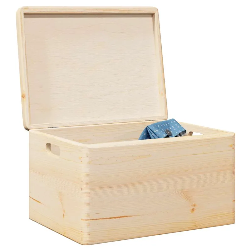 Caja de madera con tapa y asas de madera maciza de pino.