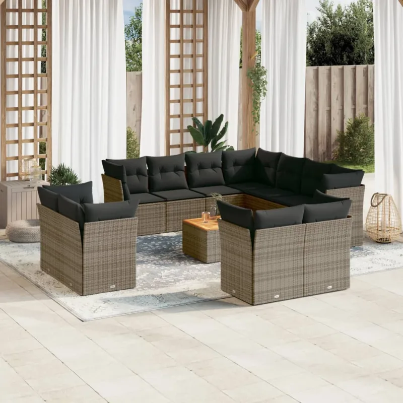 Muebles de jardín con cojines 12 piezas resina tejida gris.