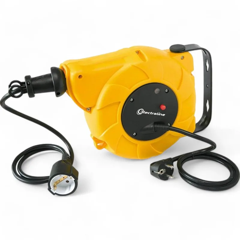 Enrollador de cable eléctrico automático de 15 metros con práctica función de rebobinado y seguridad integrada