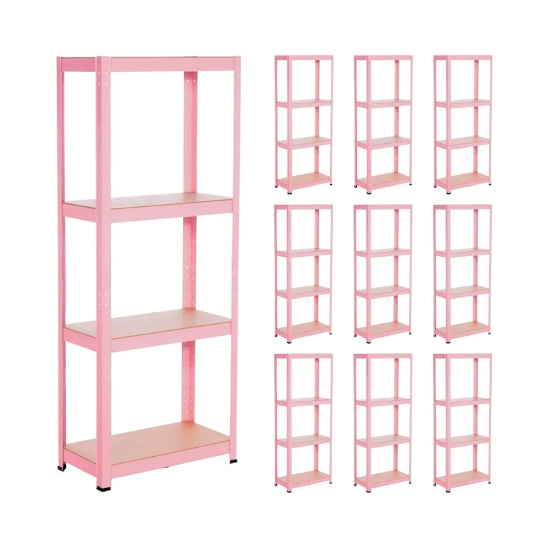 Megapack 10 estanterías modulares metálicas con 4 baldas 240kg rosa 60x30x148cm thinia home
